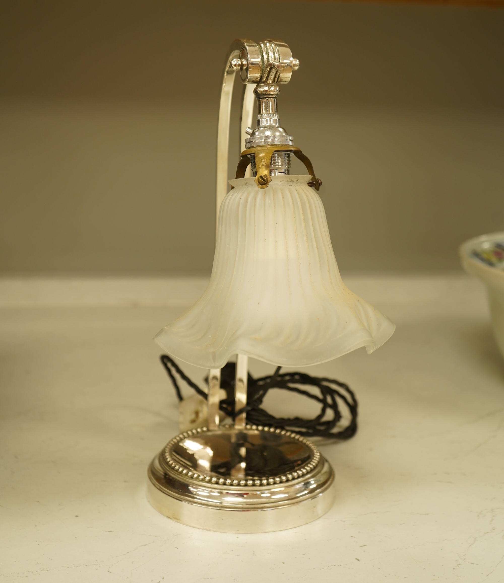 A plated adjustable desk light with opaque glass fluted shade, 35cm high